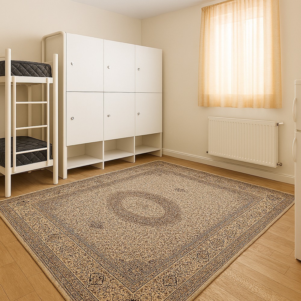 اتاق خوابگاه دخترانه با تخت دوطبقه، کمد شخصی و فرش ایرانی – محیطی امن و منظم برای دانشجویان اتاق خوابگاه دخترانه با تخت دوطبقه فلزی سفید، تشکهای استاندارد، کمدهای شخصی سفید با قفل، فرش ایرانی طرحدار و رادیاتور دیواری؛ فضای تمیز، روشن و مناسب برای زندگی دانشجویی