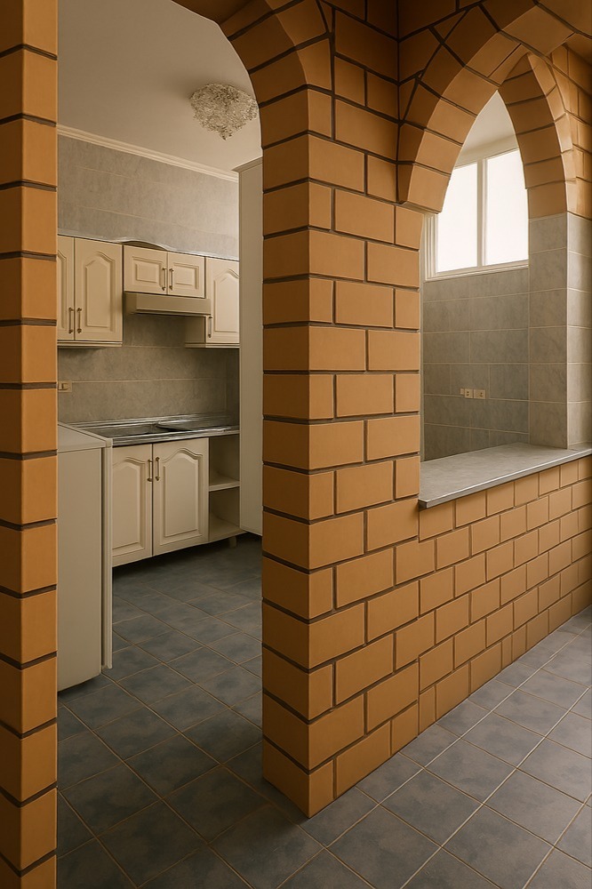 آشپزخانه سنتی با کابینت سفید و دیوار آجری آشپزخانهای زیبا با طراحی سنتی ایرانی، شامل کابینتهای سفید با دستگیرههای کلاسیک، سینک استیل، یخچال سفید و دیوارهای کاشیکاریشده با طرح گلدار خاکستری. این فضا از طریق طاق آجری گرم و دلنشین از بخش دیگر خانه جدا شده و کفپوش سرامیکی آبی و خاکستری جلوهای خاص به محیط بخشیده است